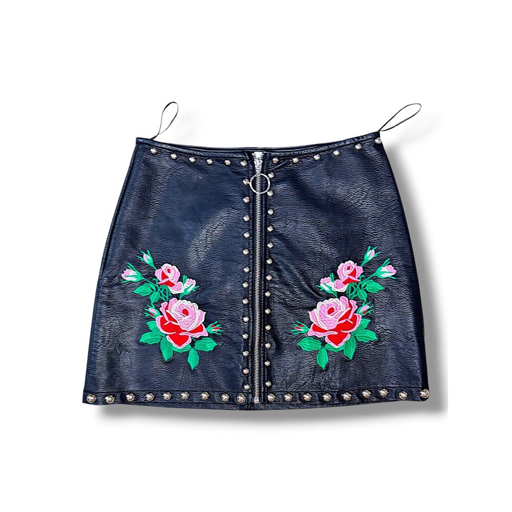 Molly Green Black Faux Leather Mini Skirt Floral Embroidered Studded Zip L